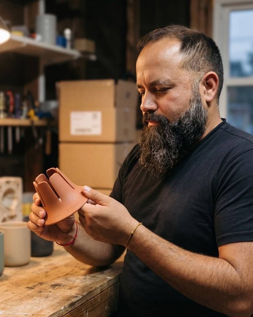 Scott Rodriguez at a workbench, holding a Steadi and looking at it, with shipping boxes behind him.