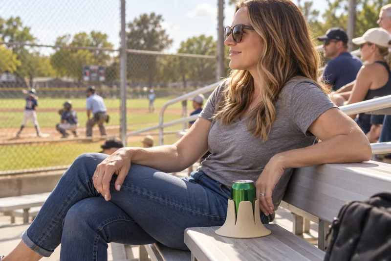 Spectator with a drink in Steadi on a fully supported bench spot within reach. AI lifestyle illustration.
