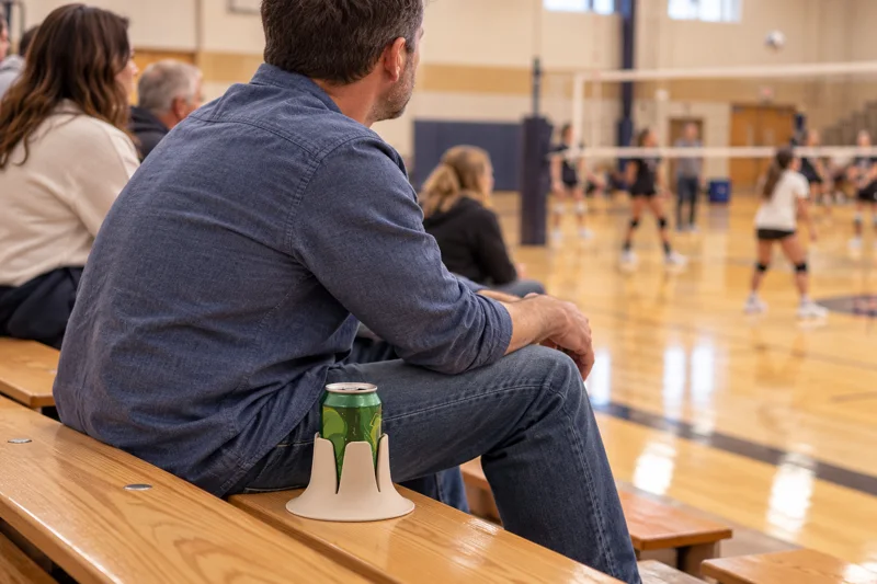 Spectator with a drink in Steadi on a fully supported bench spot within reach. AI lifestyle illustration.