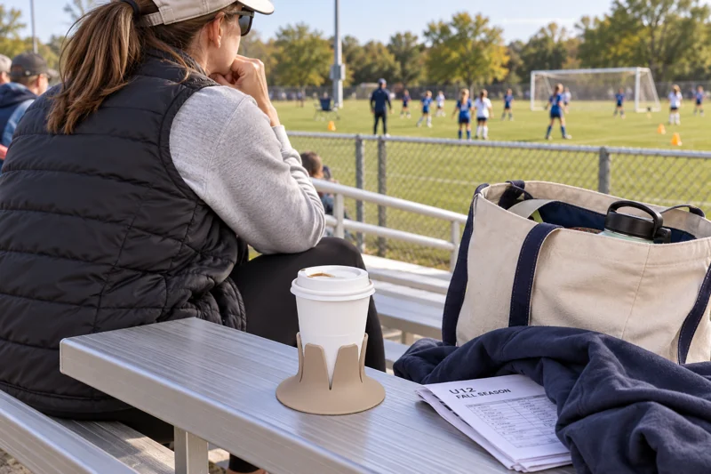 Parent watching youth practice from aluminum bleachers with paper takeaway coffee cup with sipping opening in Steadi on wide level bleacher seat plank that supports the entire base next to seated parent. AI illustration.