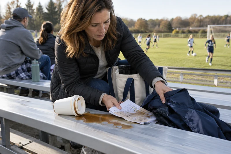 Reaching into a tote knocks coffee on bleacher plank; it runs onto folded team schedule and jacket. AI illustration.